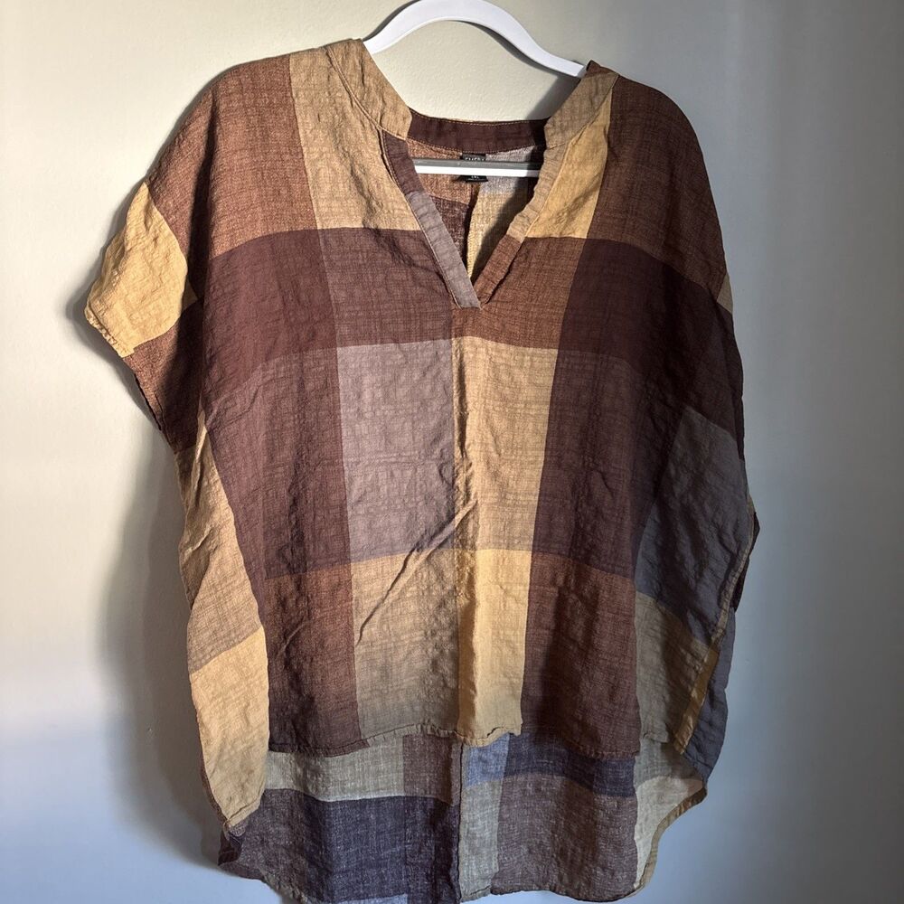 EMERY ROSE Boho Plaid Patchwork Tunic Blouse High Low Top Earth Tone Sz 4XL Fall